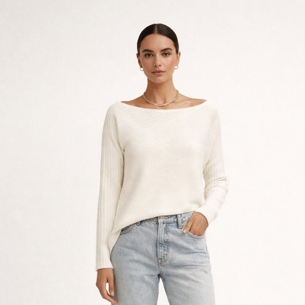 Milly white asymmetric boat neck mixed knit ribbed sweater. Size Large